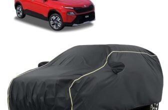 Sulfar 100% Water Resistant Car Body Cover Compatible with Mirror for Skoda Kylaq (Triple Stitched, Full Bottom Elastic, Dark Grey Tafetta with Yellow Piping)