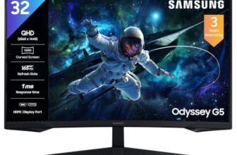 Samsung 32″ (80cm) Odyssey G5 2K Curved Gaming Monitor|QHD 2560 X 1440|1000R Curved|165Hz|1ms(MPRT)|300nits|Ports-HDMI,DP,Headphone|DP Cable|HDR10|FreeSync|LS32CG550EWXXL|Black