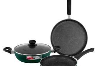 Prestige Omega Granite Non-Stick 3 Pc Cookware Set with Glass Lid | 5-Layer Coating | Gas & Induction Compatible | Omni Tawa 25cm | Fry Pan 24cm | Kadai 24cm | Moss Green | 2Y Warranty |ISI Certified