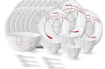 Larah by Borosil Boro Fluted Series Opalware Dinner Set | 33 Pieces for Family of 6 | Microwave & Dishwasher Safe | Bone-Ash Free | Crockery Set for Dining & Gifting | Plates & Bowls | White