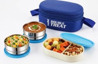 CELLO Double Treat Set of 3 Pcs Lunch Box for Office Use with Jacket Blue | 2 x 300ml Stainless Steel Containers, 1 x Oval Container |Lightweight Leakproof Airtight Tiffin Box Case For School & Travel