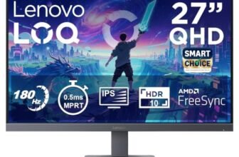 Lenovo LOQ 27Q-10 (Smartchoice) | 27″ (68.5cm) QHD (2560×1440) IPS 180Hz Gaming Monitor | 0.5ms, HDR10 Compliance, AMD FreeSync, 99% sRGB, 2xHDMI 2.1 TMDS, 1xDP 1.4| Tilt | Lunar Grey | 68F3GACBIN