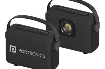 Portronics Resonate 14W Portable Bluetooth Speaker With LED Sunset Projection Lights, Upto 5 Hours Playtime, Bluetooth 5.3V, TWS Function, Handsfree Calling, Leather Handle, Type C Fast Charging-Black