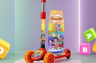 Kidsmate Chhota Bheem® Kick Scooter with Broad PVC Wheels | Non-Slip Wide Deck with Push Brake Kids Scooter for Age 3+ Yrs | 4-Level Height Adjustable | Max User Weight 50Kg – Red