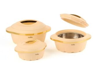 CELLO Stylus Insulated Casserole Hot Pot Box Set of 3 Pcs, Cream (500ml, 1000ml, 1500ml) | Airtight Lid Hot Pot Case Keeps Food Hot & Warm For Long Hours, Casserole Set For Roti Chapati Rice Biryani