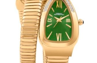 French Connection Eternelle Curve | Green Dial with Rose Gold Case | Flexible Wrap Bracelet Strap | Crystal Accent Design | Roman Numerals Analog Watch for Women – FCN0142NGM