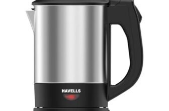 Havells HOTSIP Electric Kettle | 1250 W | 1 L Capacity | Rust Resistant 304 Stainless Steel Tank | Triple Safety Protection | Wider Mouth for Easy Filling (Black & Silver)
