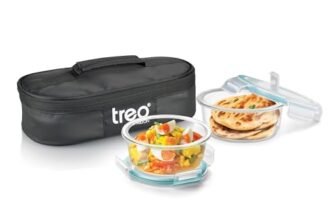 Treo By Milton All Weather Borosilicate Glass Round Set of 2,400 ml Each,Tiffin,Horizontal Carry Jacket,Microwave & Oven Safe,Leak Proof,Air Vent Lid,Scratch Resistant,Ideal for Office,School,Black