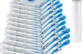 amazon basics Vacuum Compression Storage Bags with Hand Pump – 12-Pack (3 Jumbo, 3 Large, 3 Medium, 3 Small), Plastic | White