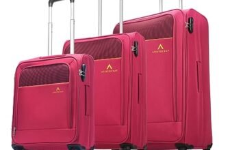 Aristocrat Oasis Plus Set of 3 Cabin, Medium & Large Size Soft Luggage (59 cm, 69 cm & 79 cm) | Spacious Polyester Trolley with 4 Spinner Wheels and Combination Lock | Dazzling Red | Unisex