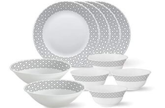 Larah By Borosil – Tiara Series, Black Grey Cone, 10 Pcs, Opalware Floral Dinner Set, White