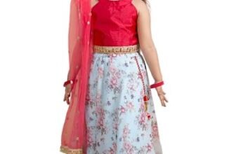 Pspeaches Girls Polyester Red Blue Floral Readymade Lehenga Choli Set (Red-8-10Y), 8-10 Years