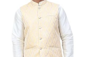 Jompers Men’s Golden Embossed Silk Blend Nehru Jacket (Golden, L)