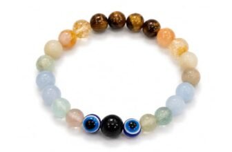Sri Mandir Mithun (Gemini) Rashi Bracelet | Tiger’s Eye, Citrine, Amazonite, Blue Lace Agate, Fluorite, Evil Eye | Boosts Intellect, Adaptability, Communication & Clear thinking | For Men & Women
