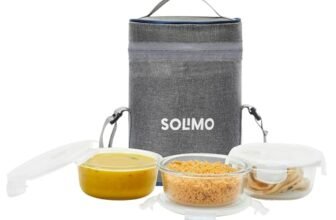 Amazon Brand – Solimo Borosilicate Glass Lunch Boxes | Set of 3 (400 ml * 3) with Detachable Lid & Lunch Bag for School, College, Office Use | Microwave Safe & Leak Proof | Grey