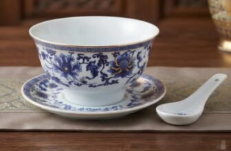 Soup Bowl with Saucer and Spoon, White & Blue Thai Floral Design