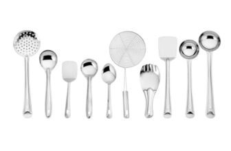 Amazon Basics Stainless Steel Cooking Spoon Set 10 Pieces | Kitchen Utensil Set with Ladle, Turner, Strainer, Rice Spoon, Oval Spoon & Serving Spoons | Durable Food-Grade Steel | Rust Resistant | Easy to Clean | Hanging Design
