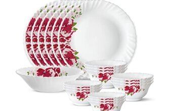 Larah by Borosil 19 Pieces Rose Red Opalware Dinner Set for Family of 6