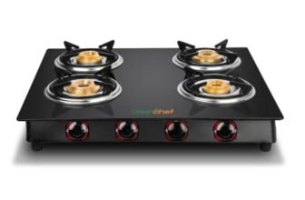 GREENCHEF Elon Glass cook top Four Burner Gas stove,Black Body (Manual Ignition), toughened glass top, Compact Design, pan support – ISI certified (4)