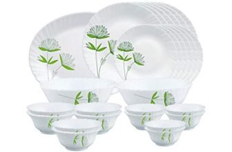Larah By Borosil Green Lily Opalware Dinner Set, 27 Pcs, White