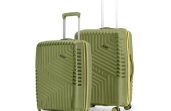 LAttitude By Provogue Core Set of 2 Trolley Bags Cabin + Medium Polypropylene Hard Suitcase, 8 Spinner Wheels, Recessed Number Lock, Lightweight Luggage for Men & Women Moss Green/Lunar Yellow