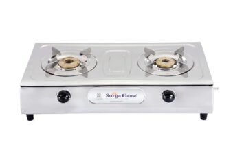 Surya Flame Majestic 2 Burner Stainless Steel Gas Stove | Manual Ignition | High-Efficiency Tri-Pin Brass Burners | Heavy-Duty Pan Support | Anti-Skid Legs | ISI Certified & 2 Years Warranty
