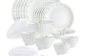 CELLO Tropical Lagoon Dazzle Series Opalware Dinner Set of 35 Pieces For Family of 6 | Bone-Ash Free & Leadfree Opal Glass, Microwave & Dishwasher Safe Plates & Bowls Crockery Set For Dining & Gifting