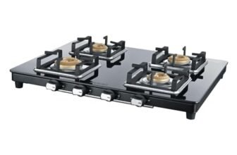 USHA Ebony Slim 4 Burner Gas Stove | 8 mm Toughened Glass | High Grade Stainless Steel Body | Brass Burners | Powder Coated Finish | Slim Design | Spacious Cooking Design