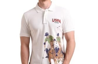 U.S. POLO ASSN. Printed Polo T Shirts for Men – 100% Cotton, Half Sleeve Mens Tshirt – L, Ivory