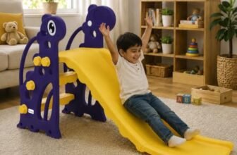 Amazon Brand – Solimo Giraffe 2-in-1 Garden Slide for Kids | Medium | Indoor & Outdoor | Safe for Boys & Girls | Age 2-3 Years | Easy Assembly | Purple & Yellow