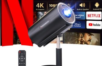 CrossBeats Lumex Pro Smart 4k Ultra HD, Native 1080P, (14000 lm / 1 Speaker / Wireless / Remote Controller) Portable Android 13 Built-in Apps Netflix, Prime, 300″ Wide Display Projector(Black)