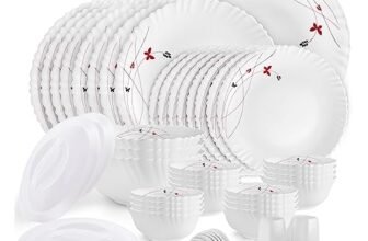 Cello Opalware Dazzle Series Lush Fiesta Dinner Set, 49Pcs | Opal Glass Dinner Set for 8 | Light-Weight, Daily Use Crockery Set for Dining | White Plate and Bowl Set