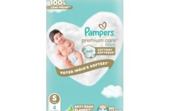Pampers Premium Care Pant Style Baby Diapers S 4 Count | No Marks Design | Voted India’s #1 Softest Diaper | All in 1 diaper with 360 Cottony Softness