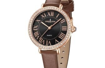 London Fog Analog Quartz Watch for Women with Black Round Dial, Roman Numeral Hour Markers, Crystal-Studded Bezel and Brown Leather Strap – LFW20007-05