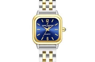 Daniel Hechter Paris Claire Collection Analog Quartz Watch for Women with Square Metal Case, Blue Sunray Dial, Quartz Movement, Gold & Silver Stainless Steel Strap and Water Resistant – DHW2026-44