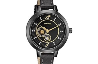 Sonata Unveil Black Dial Women Analog Watch with Leather Strap-NR8141NL03