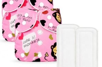 GLUN® Adjustable Reusable Baby Cloth Diaper with 2 Absorbent Inserts, Waterproof & Washable Pocket Nappy, Soft Comfortable Fit for Infants and Toddlers, Pink Monkey Print