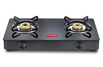 Prestige IRIS Toughened Glass-Top 2 Brass Burner LPG Gas Stove | Black | Spill Proof | Ergonomic Knobs | Tri-Pin Brass Burners |Open