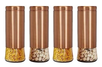 Amazon Brand – Solimo Rose Gold Bell Bottom Glass Jar | Multipurpose Kitchen Organizer with See-Through Window | 2250 ml Set of 4