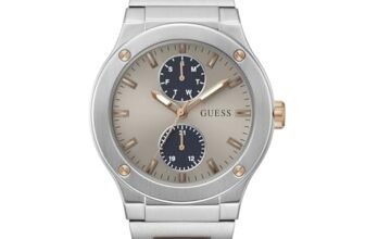 Guess Stainless Steel Analog Grey Dial Men’s Watch-Gw0795G2, Band_ Silver, Dial_ Beige