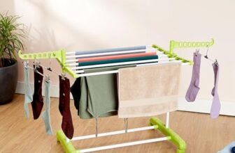 Amazon Brand – Solimo Premium Mild Steel Double Support Cloth Drying Rack | Foldable and Movable | Lightweight | White & Green