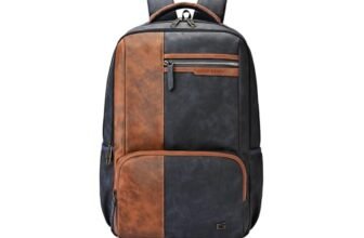 Gear Vintage 4 19″/29L Anti Theft Faux Leather Medium Water Resistant 4 Compartment Laptop Backpack/Casual Backpack/Daypack/Travel Backpack/College Bag For Men/Women(Blue-Tan)