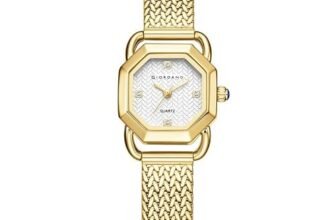 Giordano Analog Quartz Watch for Women with Octagonal Textured Dial, Crystal Hours Markers, Blue Crown and Mesh Metal Strap – GZ-60169-44