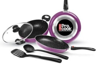 Milton Pro Cook Induction Cookware & Gas Stove Friendly Kitchen Jewel Set | 5 Pc Non-Stick Cookware Set | Kadhai with Lid, Fry Pan, Tawa, Laddle & Spatula | 5-Layer Non Stick Coating | Dark Purple