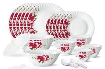 Larah by Borosil 35 Pieces Rose Red Opalware Dinner Set for Family of 6