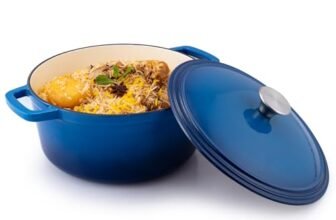 AGARO Royal Enamelled Cast Iron Casserole with Lid, Cooking Pot, No Chemical Coating, Fast Heat, Heavy Weight, Gas, Induction Oven Compatible, for Meat, Dal, Curry, Biryani, Pulao, Blue, 5 Liters