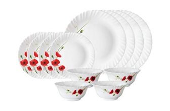 Larah by Borosil Red Carnation Opalware Dinner Set, 12 Pieces, White