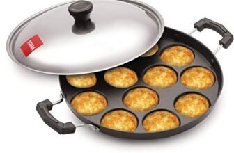 Tosaa Aluminium 12 Cavity Appam Patra Paniyarakkal Two Side Handle with Steel lid & Wooden Picker, ( 23 cm, Black)