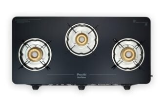 Preethi Alya 3 Burner Glass Top Gas Stove, 5-Year Glass & Burner Warranty | Heavy-duty brass burners and a 6mm toughened glass top, with a 5-year warranty on glass and burners.