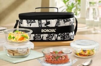 Borosil Nostalgia Union Lunchbox | 4pc Round (240ml x 2 + 400ml x 2) Container Set | Made in India Borosilicate Glass Tiffin | Microwave & Dishwasher Safe Lunch Box for Office, College & School
